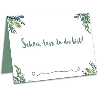 50 Tischkarten oder Platzkarten Hochzeit, Geburtstag, Taufe, Kommunion, Konfirmation mit Blumen und Schön DASS du da bist Bedruckt (Eukalyptus)