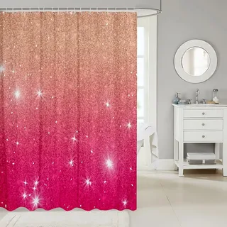 Rosa Rot Pailletten Pastell Duschvorhang 180 W x 200 L Ombre Farbverlauf Badezimmervorhang Ästhetik Galaxie Sterne Badvorhang Tie Dye Sternenhimmel Badezimmerzubehör für Badezimmerwanne mit 12 Haken