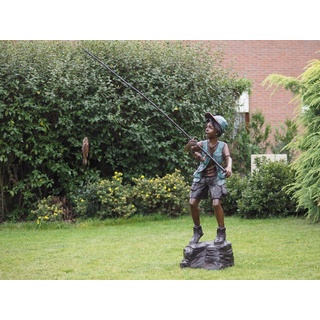 Bronzeskulpturen Skulptur Bronzefigur Junge mit Angel Teichdekoration Brunnenfigur bunt