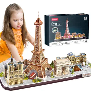 CubicFun 3D Puzzle Paris, France LED CityLine Eiffelturm, Notre Dame de Paris, Louvre, Arc de Triomphe-Deko-Kits und Souvenirgeschenk, 115 Stück