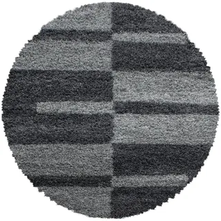 Carpetsale24 Hochflor Teppich Rund 80 cm Grau – Weicher Shaggy Flokati im karierten Design – Kleiner Bodenteppich für Flur