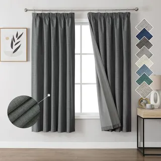 Joydeco 100% Verdunkelungsvorhänge Leinen Gardinen mit Kräuselband 2er Set H160xB132cm Grau, Thermovorhang Kälteschutz Blickdicht Schallschutz Ideal für Wohnzimmer passt zu Schienensystemen