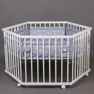 Laufgitter Laufstall 6-eckig Baby Krabbelgitter inkl. Stoffeinlage WEISS - Weiß/Grau