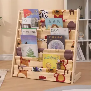 BAKAJI Montessorianisches Bücherregal für Kinder aus Naturholz und Leinwand, Zeitschriftenständer mit 6 Etagen, platzsparend, Regal für Kinderzimmer, Maße 60 x 30 x 80 cm, Bücherregal, Spiele