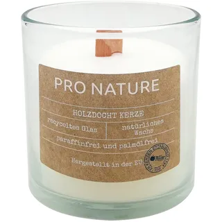 Müller Kerzen PRO NATURE Kerzen im Glas mit Holzdocht - Weiß Stearin Kerzen - 10 x 10 cm - 30 Stunden Brenndauer - Natürliche Wachs - Paraffin- und Palmölfrei Kerzenglas - Ohne Duft - 1 Stück