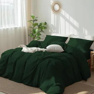 DXHOME Grün Bettwäsche 135x200 4teilig Baumwolle Grün Dunkelgrün Uni Bettwäsche Set Weich Kuschelig Bettwäsche Weich Baumwolle Bettbezüge mit Reißverschluss und 2 Kissenbezügen 80×80 cm