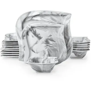 MALACASA Elvira Geschirrset 6 Personen Marmor 18-tlg, Modernes Porzellan Geschirr Set, Tafelservice Kombiservice mit je 6 Speiseteller, Dessertteller und Müslischalen, Teller Set 6 Personen
