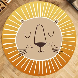 Runder Teppich Löwenkopf Muster Carpet Lion Rugs,Orange Yellow, ø 80 cm, Rund Kinderteppiche Kinder Spielteppich Jungen Mädche, Teppich Kurzflor fürs Jugendzimmer