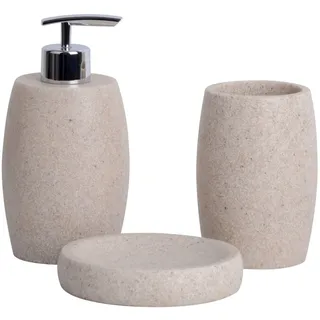 Clasin Home Beige Badezimmer Zubehör Set 3 PC Harz Sandstein Optik Seifenspender Zahnputzbecher Seifenschale Badezimmer Seifenspender Set für Home Decor und Küche