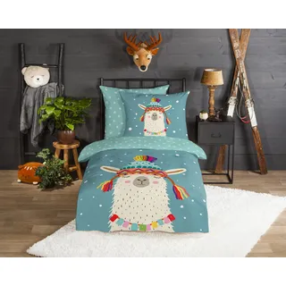 Kinderbettwäsche GOOD MORNING "Borax", petrol, B/L: 135cm x 200cm, 1 Stk., 1 Stk., Flanell, B/L: 80cm x 80cm, 2 Stk., Flanell, Obermaterial: 100% Baumwolle, Bettwäsche, Flanell Biber, 135x200, Warm, Reißverschluss, Wende, Kind, Winter
