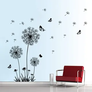 decalmile Wandtattoo Pusteblume Schmetterling Wandsticker Löwenzahn Wandaufkleber Wanddekoration für Wohnzimmer Schlafzimmer Flur (Schwarz)