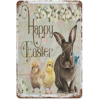 Happy Easter Easter Decorations Retro tin sign Easter floral sign Easter Bunny Easter Chicks Happy Easter Metal Sign Vintage Poster Wall Art Print Decor Gifts Poster Signs 8x12 inches
