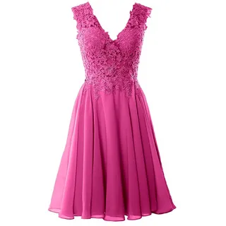 Beyonddress Damen Chiffon Abendkleider Elegant Kurz Spitze Brautjungfernkleider V-Ausschnitt Ballkleider Cocktailkleider(Fuchsie,36) - 36