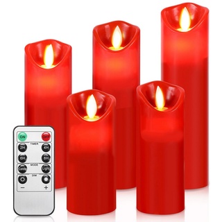 Clanmacy LED-Kerze 5X LED Kerzen Timer Echtwachs flackernde Flamme mit Fernbedienung (5-tlg., mit Fernbedienung Timer), Φ 5,3cm x H. 13 / 14 / 16 / 18 / 20 cm rot