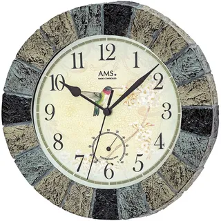 AMS 5979 Wanduhr Rund mit Funkwerk und Temperaturanzeige, 26 cm Durchmesser, Wetterresistent für Innen- und Außenbereich, Kunststoff in Stein-Optik