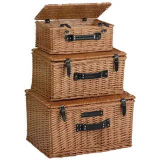CampFeuer Picknickkorb Weidenkorb Set, 3-teilig, Weidenkorb mit Deckel, Picknickkörbe, Inkl. Tragegriff beige|braun