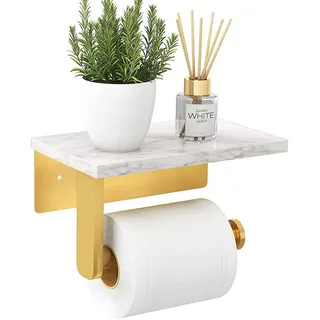 Biutimarden Toilettenpapierhalter Ohne Bohren,Klopapierhalter Edelstahl mit Weißer Marmor Ablage Selbstklebend oder Schraub Wandmontage Klorollenhalter für Küche und Bad(Gold)