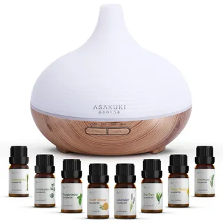 ASAKUKI Aroma Diffuser mit Ätherische Öle Set,300ML Diffuser mit 8 * 10ml Ätherische Öle Set,Ultraschall Luftbefeuchter mit 14 Farben LED für Zuhause Büro, Geschenk