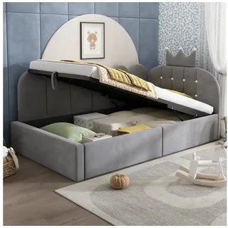 HAUSS SPOLE Polsterbett 90x190 Kronenform mit Matratze,Daybett Schlafsofa mit Bettkasten,Grau (Tagesbett mit Gitterrahmen,Jugendbett mit gepolstertem Kopfteil und Lattenroste), mit Matratze grau
