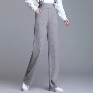 CBZOJBKPZDY Damen Strickhose - Herbst Und Winter Damen Kaschmir Hose Mit Weitem Bein Verdickt Große Wischhose Elastische Hohe Taille Lose Graue Gerade Hose Lässig Im Freien