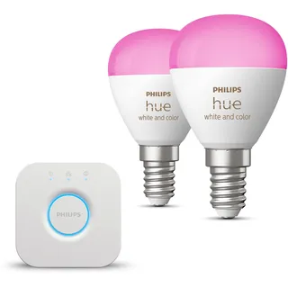 Philips Hue Starterpaket - E14 - mit 2 Kugel LED Lampen - Weißes und Farbiges Licht - inkl. 1 Hue Bridge - Hue White and Color Ambiance