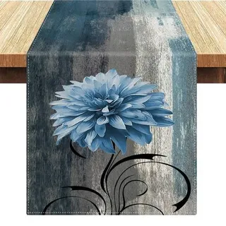 Tischläufer Leinen 40x140cm Marine Blau Grau Blume Abstrakt