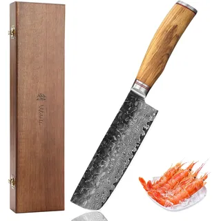 Wakoli Olive HS Nakiri Messer mit 17 cm Klinge aus 67 Lagen Damaststahl mit VG10 Kern, Damastmesser Küchenmesser mit Olivenholzgriff in Holzbox, Gemüsemesser für Gemüse und Kräuter