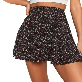 EMOTTOS Damen Flared Chiffon Kurzer Röcke, Boho Hochtaillierter Mini-Skaterrock mit Blumenmuster und Unsichtbarem Reißverschluss, Gerüschter Saum Floaty Blumen Rock, Schwarz, L - L