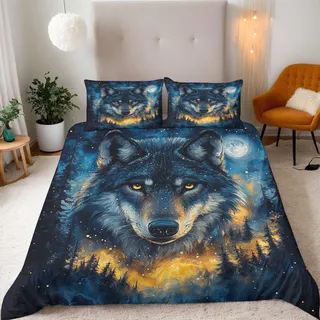 Bettwäsche 155x220 cm 3D Sternenhimmel Tier Wolf Druck Kinder Bettwäsche-Sets 3teilig Mikrofaser Bedding Bettbezug 155x220 Weich Bettbezüge + 2 Kissenbezüge 80x80 Mit Reißverschluss Eckbinder
