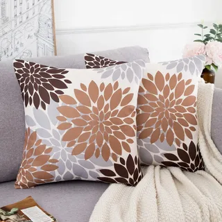 HomeStilez Kissenbezüge 50x50cm Kissenhülle Dahlie Leinen Braun Grau Blumen Dekorativ Quadratisch Waschbar Sommer Herbst Sofakissen Dahlie Dekokissen Kissenbezüge für Wohnzimmer Garten Kissen Dekor