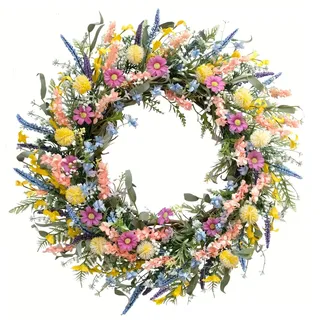 Hotainoys Frühlings-Sommer-Türkranz für die Haustür, 45, 7 cm großer Blumenkranz mit Lavendel und Gänseblümchen, Bunte Frühlings-Sommer-Girlande für Innen- und Außendekoration, Wanddekoration