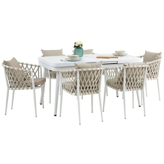 IDIMEX Gartenlounge-Set, Gartenmöbel Set weiß/beige 1 Esstisch ausziehbar und 6 Stühle mit Rope weiß