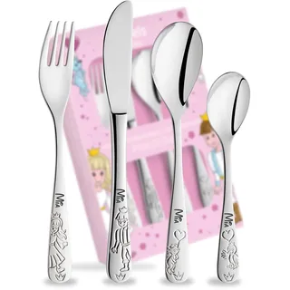 GESCHENKFREUDE Prinzessin Kinderbesteck mit Namensgravur - Weihnachtsgeschenke für Kinder - Besteck personalisiert - schönes Kinderbesteck mit Gravur - personalisierte Geschenke Kinder 4-teilig