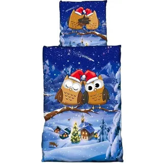 Cofi 1453 - Fleece Bettwäsche Weihnachtsmotiv Mit Eulen 135x200 Cm Deckenbezug, 80x80 Cm Kissenbezug