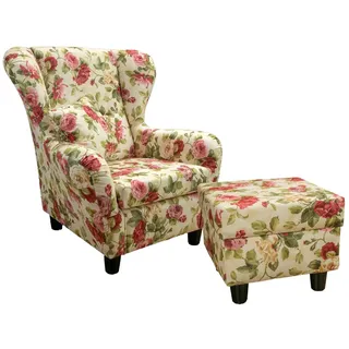luma-home Ohrensessel 18004-OTTO (mit Hocker und Zierkissen, Wellenunterfederung, B90/H98/T76 cm), Lesesessel mit Echtholzfüßen, Bezug Webstoff im Blumenmuster bunt