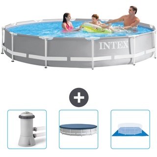 Intex Pool mit rundem Prismenrahmen – 366 x 76 cm – Grau – im Lieferumfang enthalten Filterpumpe für Schwimmbad - Abdeckung - Bodenplane