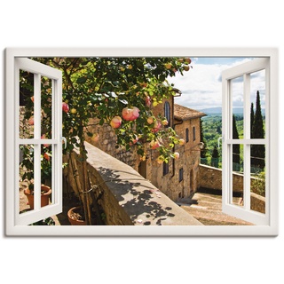 Artland Leinwandbild Wandbild Bild auf Leinwand 130x90 cm Wanddeko Fensterblick Fenster Toskana Landschaft Garten Rosen Balkon Natur T5QC