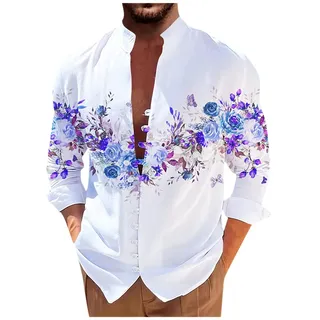 RMBLYfeiye Hemd Herren Langarm, Stehkragen Rose Druck Druckknopf Langarmshirt Loose Fit Hawaii Hemd Männer Lockere Henley Shirt Strandhemd Mittelalter Hemd Holzfällerhemd Herren Sommerhemd