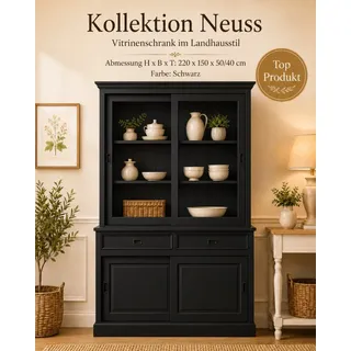 Wohnpalast Vitrine Landhaus Vitrinenschrank Neuss 150 cm Schwarz Buffetschrank beige|schwarz