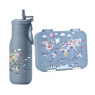 JENARD Lunchbox Brotdosen Set Kinder mit Edelstahl Trinkflasche Weltkarte mit Tiere, Edelstahl, PP, (Brotdosen- und Trinkflaschen-Set, 2-tlg., 2-teiliges Set, Brotdose und Trinkflasche, Kindergarten-Set, Schul-Set), BPA-frei, Lebensmittelecht, Kindgerecht, Wiederverwendbar, Robust blau