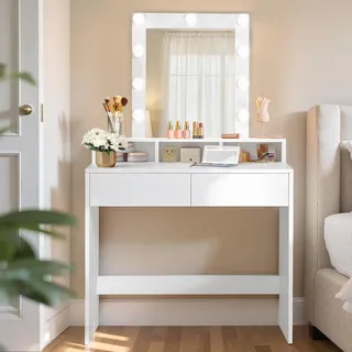 VASAGLE Schminktisch mit Spiegel und Beleuchtung, 2 Schubladen, Wolkenweiß | Frisiertisch, Kosmetiktisch mit Beleuchtung, modern, Wolkenweiß, KAILYN Kollektion RDT114W01