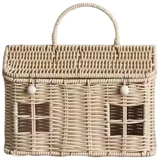 Weidenkorb mit Deckel - Handgeflochtener Aufbewahrungskorb 24 cm - Klappgriff für Einkauf, Picknick, Ostern - Deko-Korb für Wohnzimmer, Badezimmer - Naturlook (B)