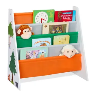 Relaxdays Bücherregal Kinder Waldtiere Weiß,Dunkelgrün,Orange