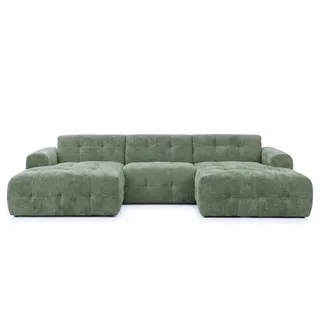 Wohnlandschaft U-Form 6-Sitzer, raffinierte Steppungen, Chenille-Bezug in Grün