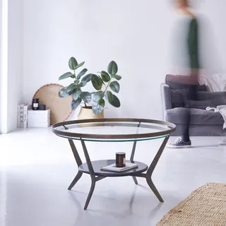Runder Couchtisch aus Marmor und Metall mit Glasplatte  80 Ambre industrieller S