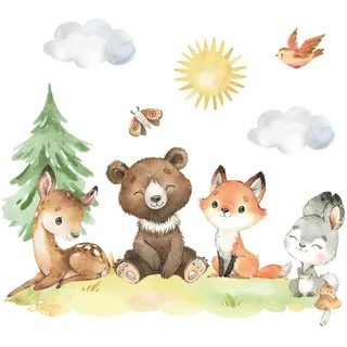 Wally Fox Wandtattoo Kinderzimmer Kinderzimmer Deko Wandtattoo Kinderzimmer Mädchen und Junge Wanddeko Wandaufkleber für Baby Grün, Braun, Rot, Grau, Waldtiere L