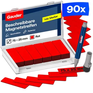 GAUDER Magnetstreifen beschreibbar, Magnetschilder Kanban (90 Stk, 75x25mm) | Magnetschilder zum Beschriften, beschreibbare Magnete zum Beschriften, Magnetetiketten für Kanban Board, mit Marker