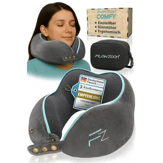 FLOWZOOM Comfy Nackenkissen Flugzeug & Auto - Einstellbares Memory Foam Reisekissen mit flexiblen Druckknöpfen für 360° Stütze, atmungsaktiver weicher Bezug - inkl. Transportbeutel - Grau