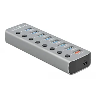 DeLock USB 3.2 Gen 1 Hub mit 7 Ports + 1 Schnellladeport + 1 USB-C PD 3.0 Port mit Schalter und Beleuchtung