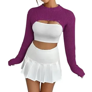 KUUFUUT Damen Häkel Crop Tops Shrug Rundhalspullover Langarm Schulteroberteile Strick Lässig Locker Kurzer Pullover Sweatshirt Y2K Outfits Lila L - L